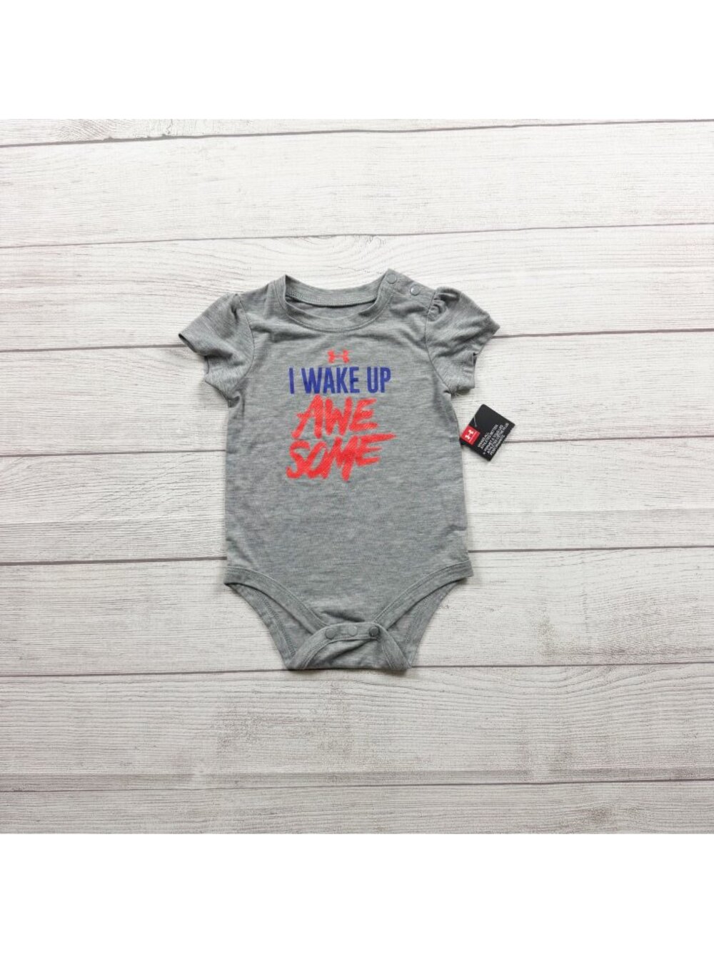 Under Armour Baby "I Wake Up Awesome" Bodysuit Heather Gray NWT 6-9 Months